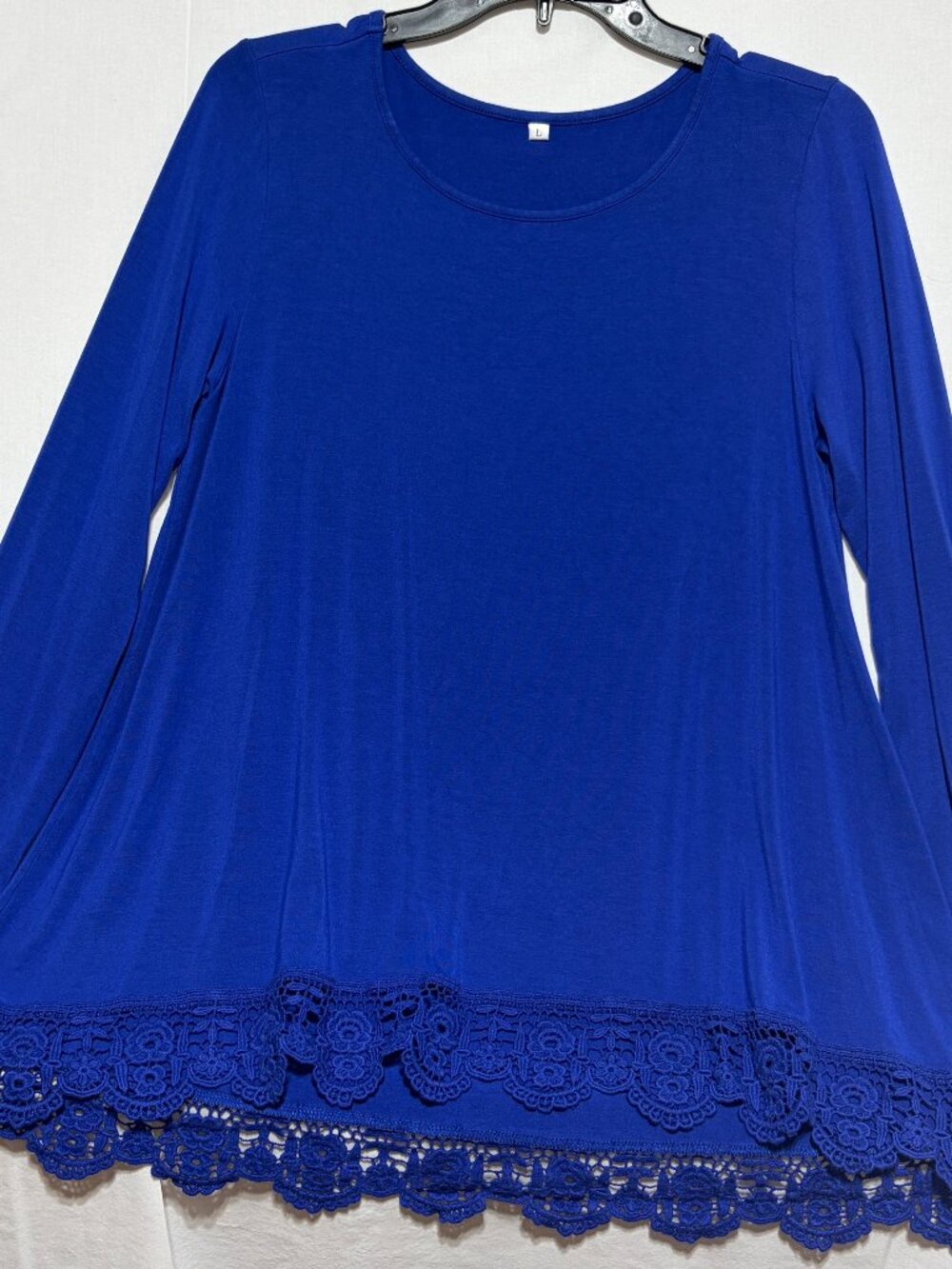 Womens Large Royal Blue Tunic Top Long Sleeve Crochet Lace Hem Swing Rayon Boho